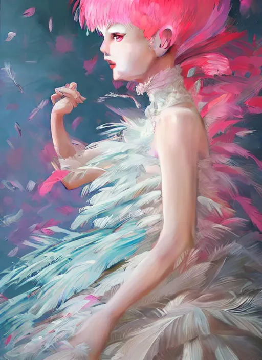 Image similar to beautiful little girl with an pink eccentric haircut wearing an dress made of feathers dancing on stage, artwork made by ilya kuvshinov, inspired in donato giancola, hd, ultra realistic, reflection, flowers, light, realistic face, bird tattoo, trending on pixiv, 8 k, ray tracing, glorious