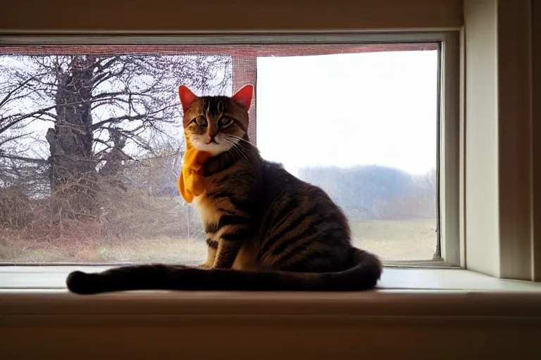 Image similar to cat sitting on the windowsill wrapped in a plaid plaid, Mushroom cloud far behind