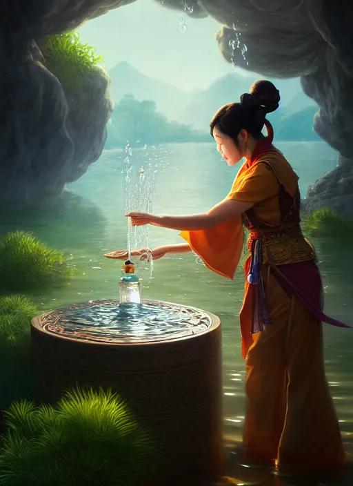 Prompt: full portrait of asian mage merchant doing water magic at her tent. intricate, elegant, highly detailed, digital painting, artstation, concept art, sharp focus, illustration, by justin gerard and artgerm, 8 k