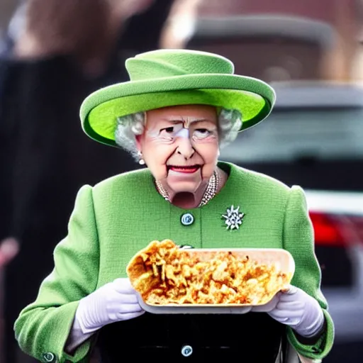 Prompt: Queen Elizabeth eating a burrito