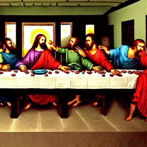 Image similar to the last supper with an alien sitting in the middle of the table