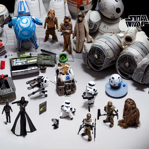 Prompt: a detailed photo of a epic diorama of star wars toys, macro photography, zoom, table, studio lighting