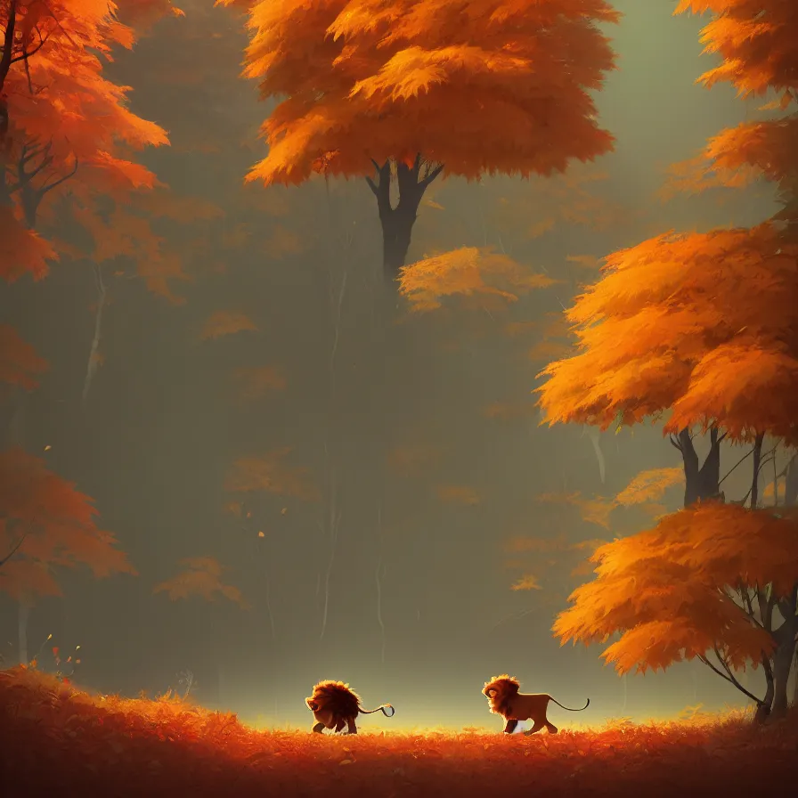 Image similar to Goro Fujita illustrating a lion walking through a beautiful autumn forest, art by Goro Fujita, sharp focus, highly detailed, ArtStation