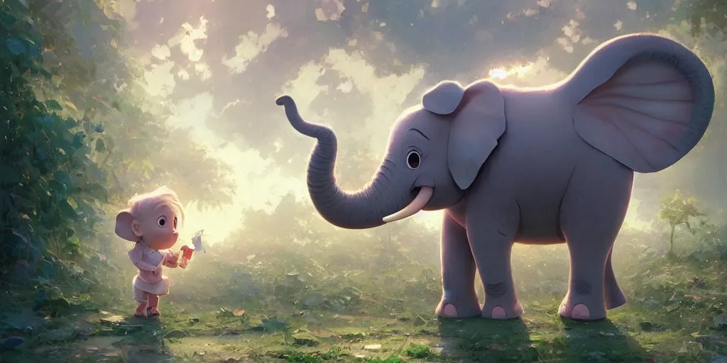 Image similar to a wholesome cute pixar baby elephant in the morning light studio ghibli, pixar and disney animation, sharp, anime key art by rossdraws greg rutkowski craig mullins, bloom, back lighting