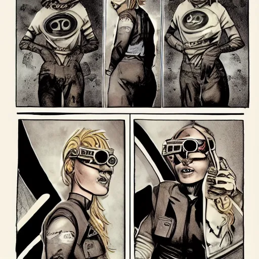 Image similar to comic book page of retrofuture tattooed stoic heroic emotionless dirty butch blonde woman engineer with very short messy dirty hair, full body, staggering on mars, dust storm, thirsty, hungry, uncomfortable awkward and anxious, wearing dark - lensed victorian goggles, wearing dirty ripped flight suit, rough paper, sci fi, behance hd