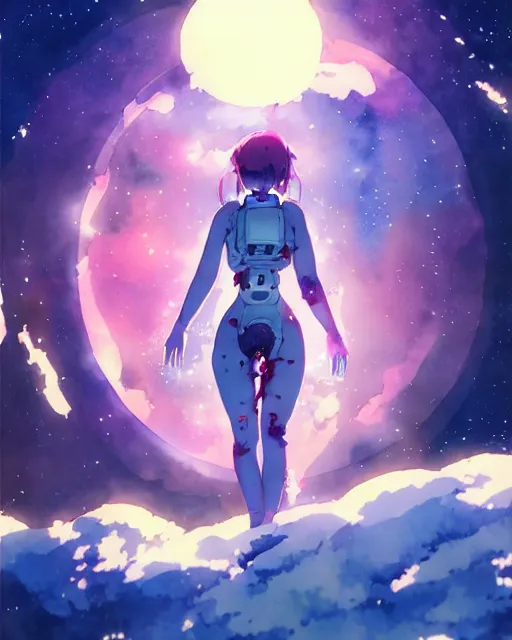 Prompt: oriental water color of a cute thicc damaged zombie astronaut woman, floating through space, backlit, by makoto shinkai and krenz cushart