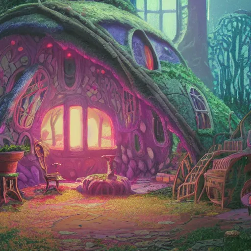 Prompt: concept art painting of a interior of a cozy alien fantasy cottage made of mushrooms and fungus, circular windows, with black vines and magenta houseplants, realistic, detailed, cel shaded, dark, in the style of makoto shinkai and greg rutkowski and james gurney