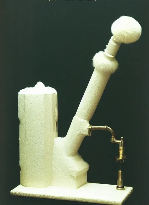 Image similar to ultra very realistic photo of a a medieval temple chemistry appliance pump, made of wood white clay fluffy fur black plastic 1 9 9 0, life magazine photo, natural colors, museum collection, kodak