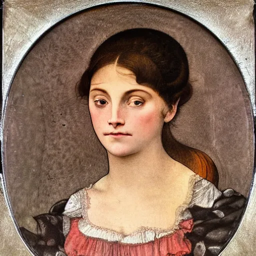 Prompt: portrait of a beautiful young lady with huge bright silver eyes, colored daguerreotype by pontormo, by bosch, by mucha, by Mackintosh, by max ernst, by ernst heackel, modern art noveau, ornate background, highly detailed, liminal, eerie, Bright pastel colors