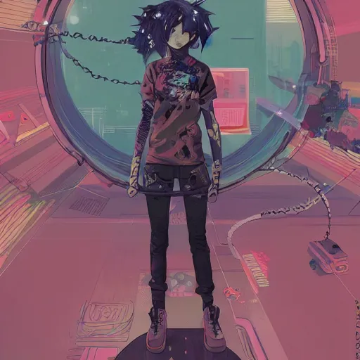 Prompt: zoom - out, a grungy cyberpunk anime, very cute, by super ss, cyberpunk fashion, curly pink hair, night sky by wlop, james jean, victo ngai, highly detailed