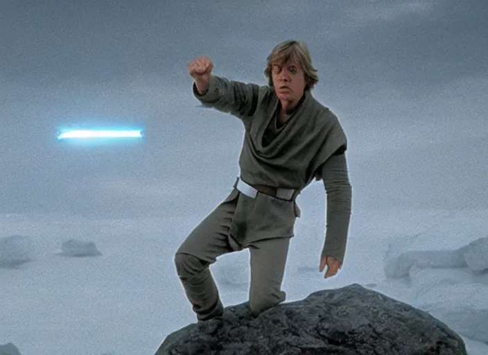 Prompt: epic still of Luke Skywalker using the force to levitate rocks above the ground in the air, ancient temple, from the 1980s film directed by Stanley Kubrick, cinematic lighting, kodak, strange, hyper real, stunning moody cinematography, with anamorphic lenses, crisp, detailed portrait, 4k image