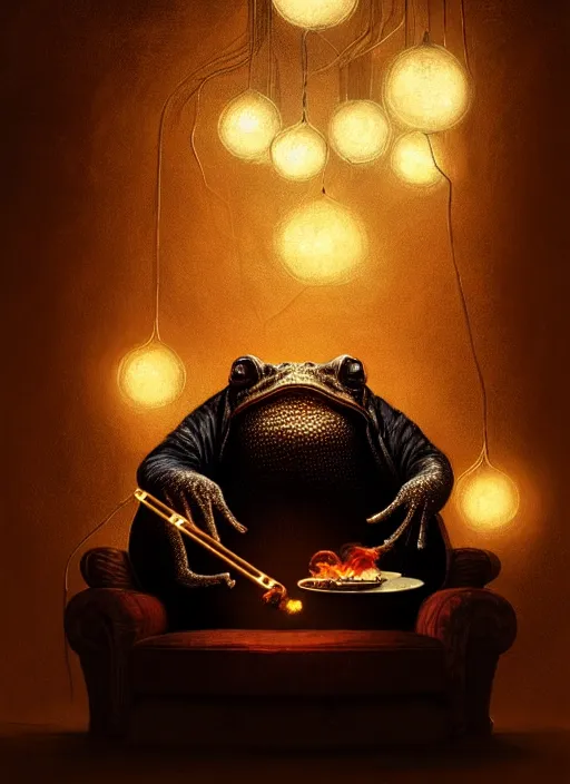 Prompt: portrait of a large black toad smoking a shisha, sitting in an armchair, intricate, elegant, glowing lights, highly detailed, digital painting, artstation, concept art, smooth, sharp focus, art by wlop, mars ravelo and greg rutkowski