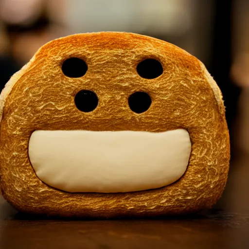 Image similar to a plush toy doll of a smiling piece of toast, photo, leica