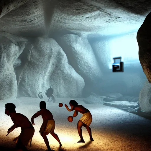 Image similar to high resolution unreal engine render of cavemen playing basketball inside cave at night, cave lit by torch light, stalagmites