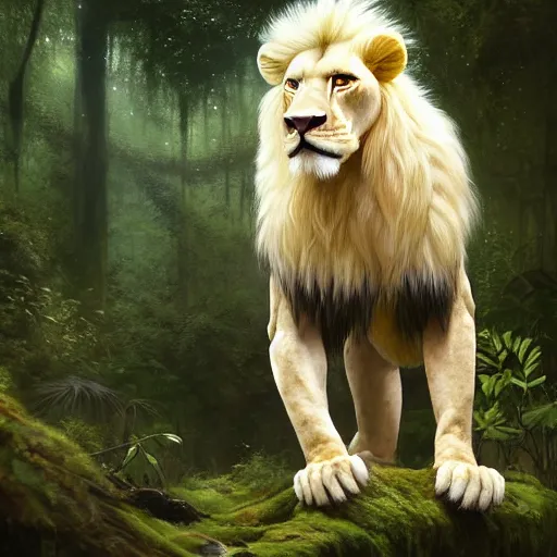 Image similar to commission portrait of a male anthro albino lion,dressed in jungle clothes,goung through a jungle.,dramatic,character design by charles bowater,greg rutkowski,ross tran,hyperdetailed,hyperrealistic,4k,deviantart,artstation,professional photography,concept art