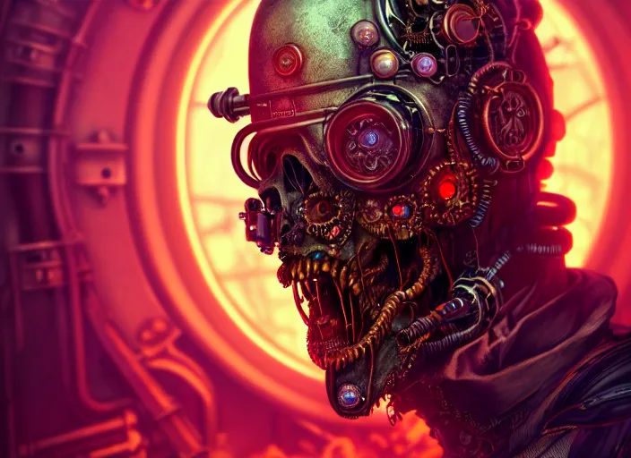 Image similar to an intricately detailed ultra - realistic unreal engine 5 rendering of a portrait of steampunk cyberpunk neon - bordered cyborg zombie dracula, concept art, intricate details, eerie, highly detailed, photorealistic, octane render, 8 k uhd art by kilian eng