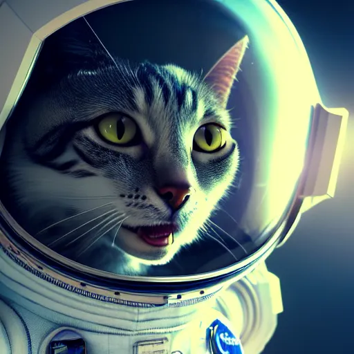 Image similar to professional photo cat in astronaut suit on the moon, closeup shot, hyperrealistic masterpiece, trending on artstation, cgsociety, kodakchrome, golden ratio, cinematic, composition, beautiful lighting, hyper detailed, sharp focus, octane render, 4 k, unreal engine