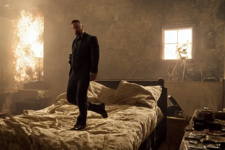 Image similar to film still of Tom Hardy as Max Payne in bedroom with a bed covered in blood in the Max Payne movie, 4k