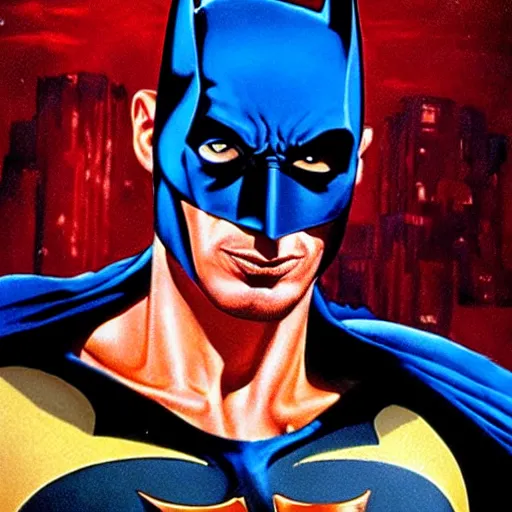 Prompt: young jeff goldblum as batman taking off mask, muscular, batman t shirt, film still, joe jusko, boris vallejo