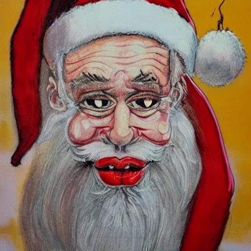 Image similar to a detailed portrait painting of santa on the cross by gerald scarfe and ralph steadman