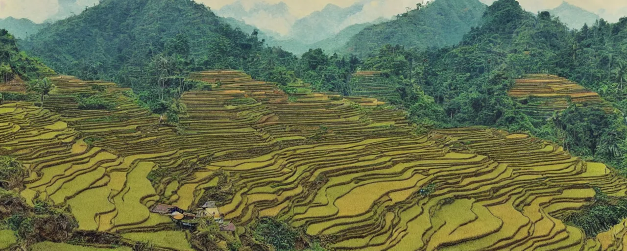 Image similar to a 2D drawing of a beautiful Philippine landscape of the Ifugao Rice Terraces, majestic and exotic by hiroshi yoshida