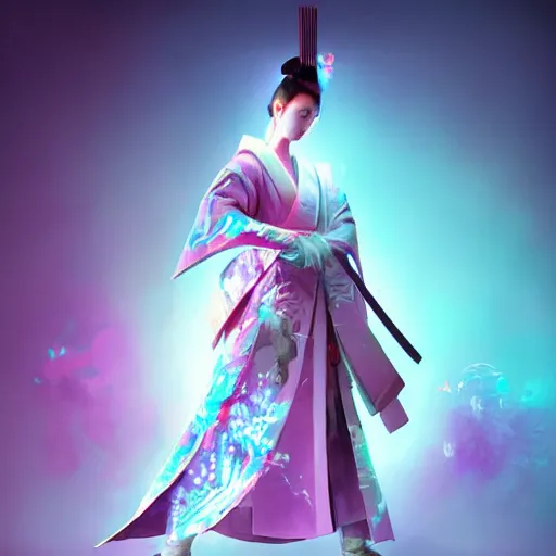 Image similar to digital art of a beautiful tall and feminine albino supermodel maiko samurai armor playing with a vr headset in a cyan and purple lit room greg rutkowski style