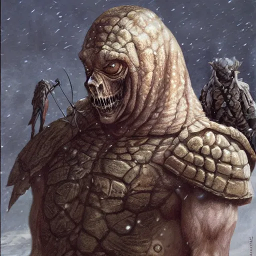 Image similar to anthropomorphic turtle barbarian humanoid, carapace, wayne barlowe, blizzard, winter, night, furs, fantasy