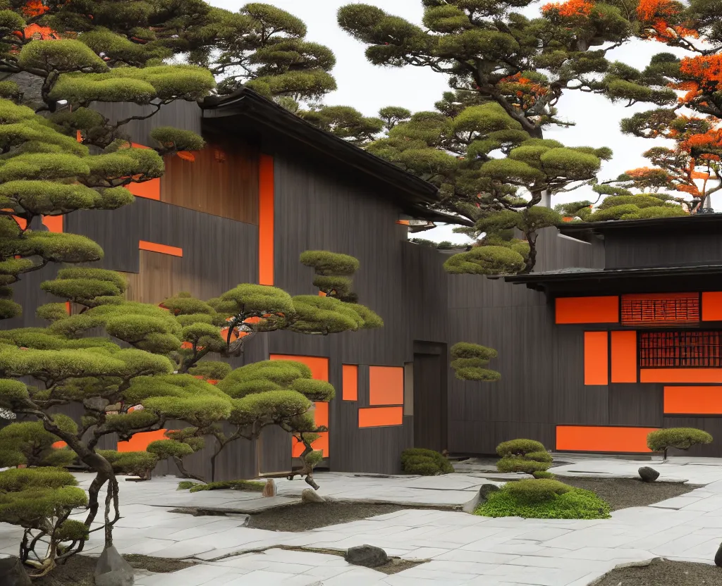 Prompt: real estate photo of the exterior of a futuristic japanese house with traditional japanese garden, dramatic lighting, smoke, ceiling fluorescent lighting, black and orange colour palette, wide shot, twinmotion render