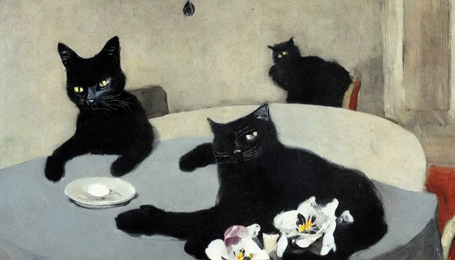 Prompt: painting by borremans, black cat on the table with black flowers, detailed, stunning