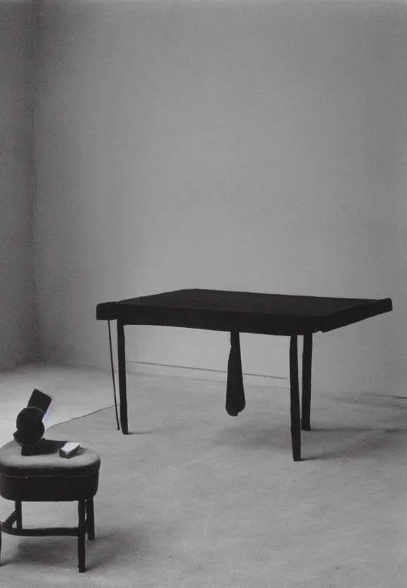 Prompt: an empty room with a black object sitting on a table by marcel duchamp, archival pigment print, 1 9 2 0, academic art, conceptual art