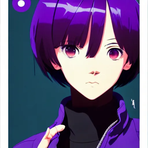 Image similar to anime poster film still portrait, black young woman, black skin colour, large, purple eyes!!!, white french bob, bomber jacket, detailed facial features, dynamic pose, cute face by ilya kuvshinov, yoh yoshinari, makoto shinkai, rimlight, cel shaded, 4 k