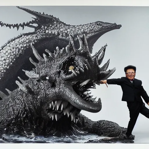 Image similar to studio shooting of Kim Jong-il escaping a Kaiju starfish monster, in the style of Herb Ritts and Irving Penn