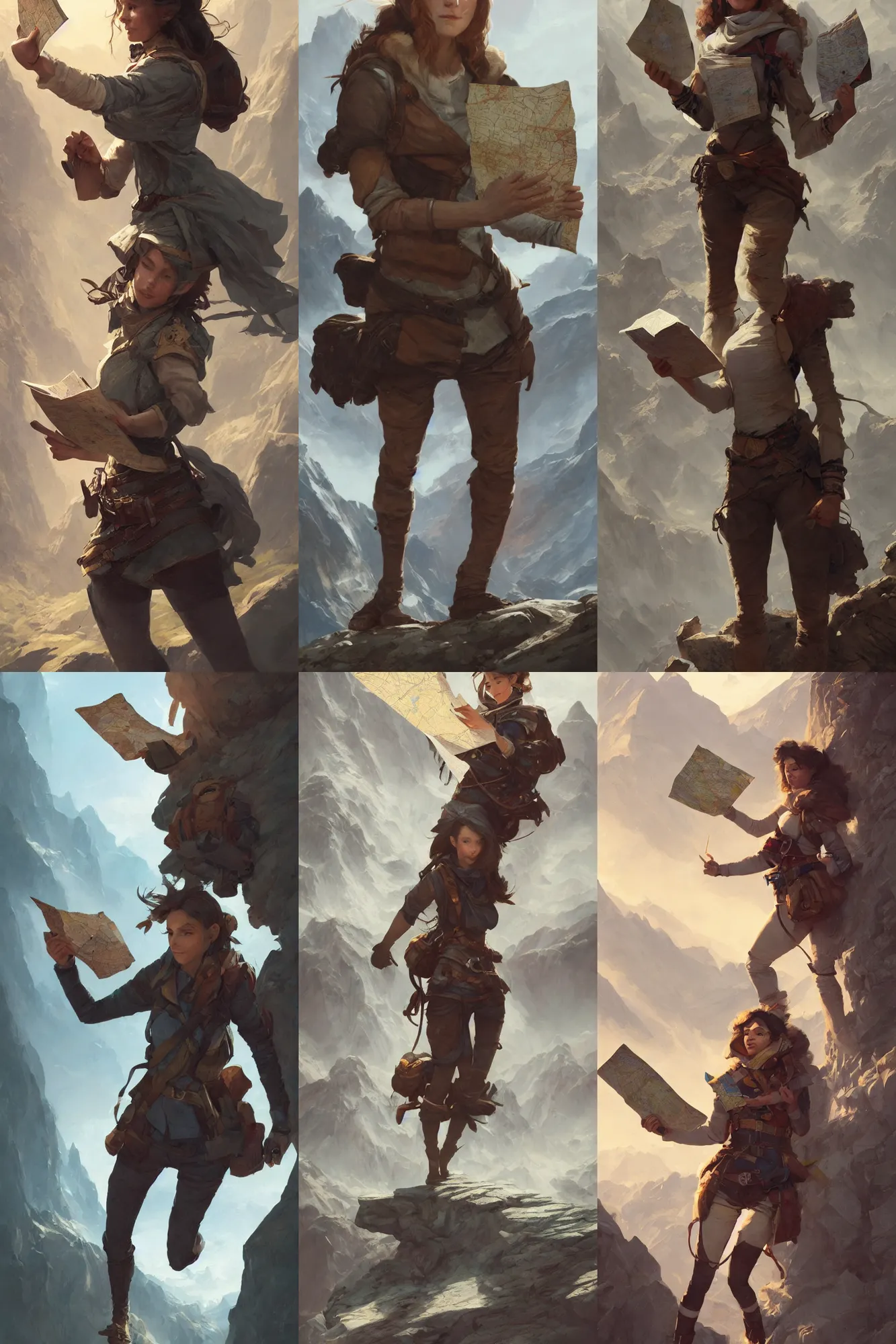 Image similar to A portrait of a female explorer holding a map, full body shot, fantasy, mountainous terrain, action shot, trending on artstation, clear portrait, 4K, by Greg Rutkowski