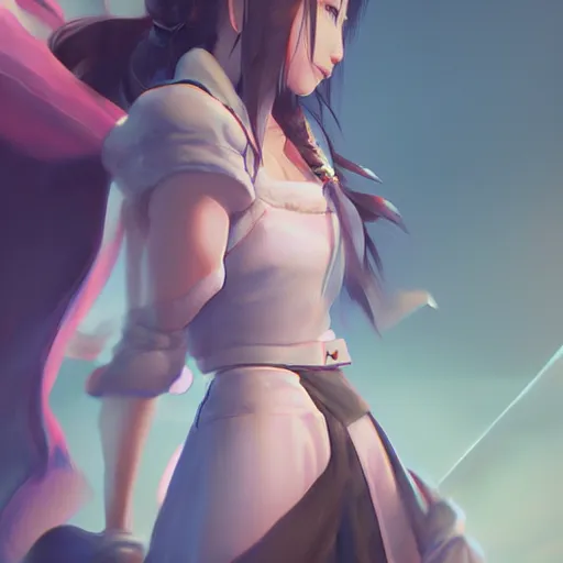 Image similar to head to toe shot of aerith ff7 by wlop, rossdraws, mingchen shen, bangkuart, sakimichan, yan gisuka, jeongseok lee, artstation, 4k