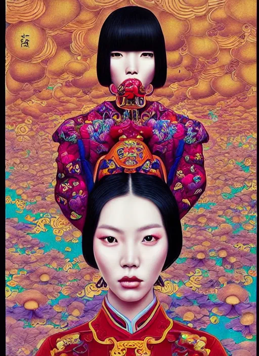 Image similar to pretty chinese model with hallucination mushroom : : by martine johanna and simon stalenhag and chie yoshii and casey weldon and wlop : : ornate, dynamic, particulate, rich colors, intricate, elegant, highly detailed, vogue, harper's bazaar art, fashion magazine, smooth, sharp focus,