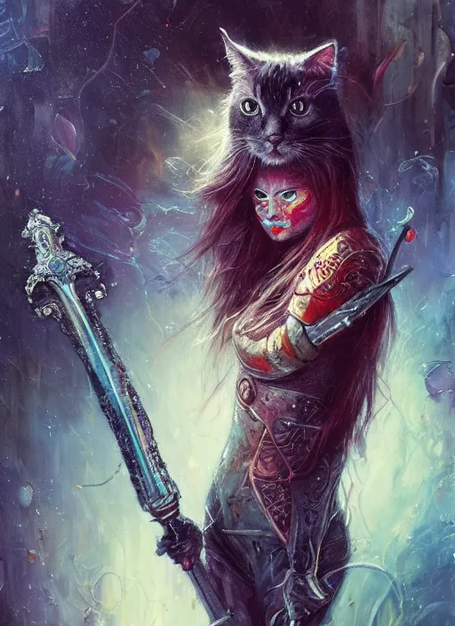 Image similar to a humanoid cat with a sword, Atmospheric beautiful by Stanley Artgerm, Tom Bagshaw, Arthur Adams, Carne Griffiths, trending on Deviant Art, street art, face enhance, chillwave, maximalist, full of color, glittering, 8k, hd