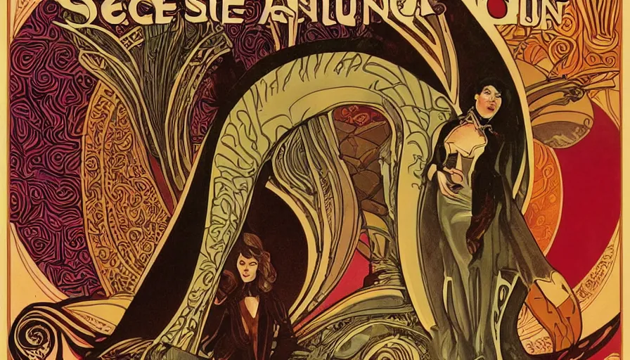 Image similar to art nouveau poster selling spice from the planet dune with sandworm arrakis fremen in corners