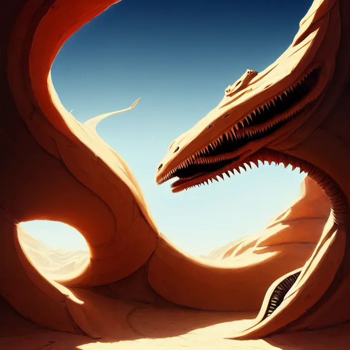 Prompt: style artgerm, joshua middleton, hubert robert, a giant sandworm creature in the desert, long sharp teeth, sand swirling, detailed, desert background setting, volumetric lighting