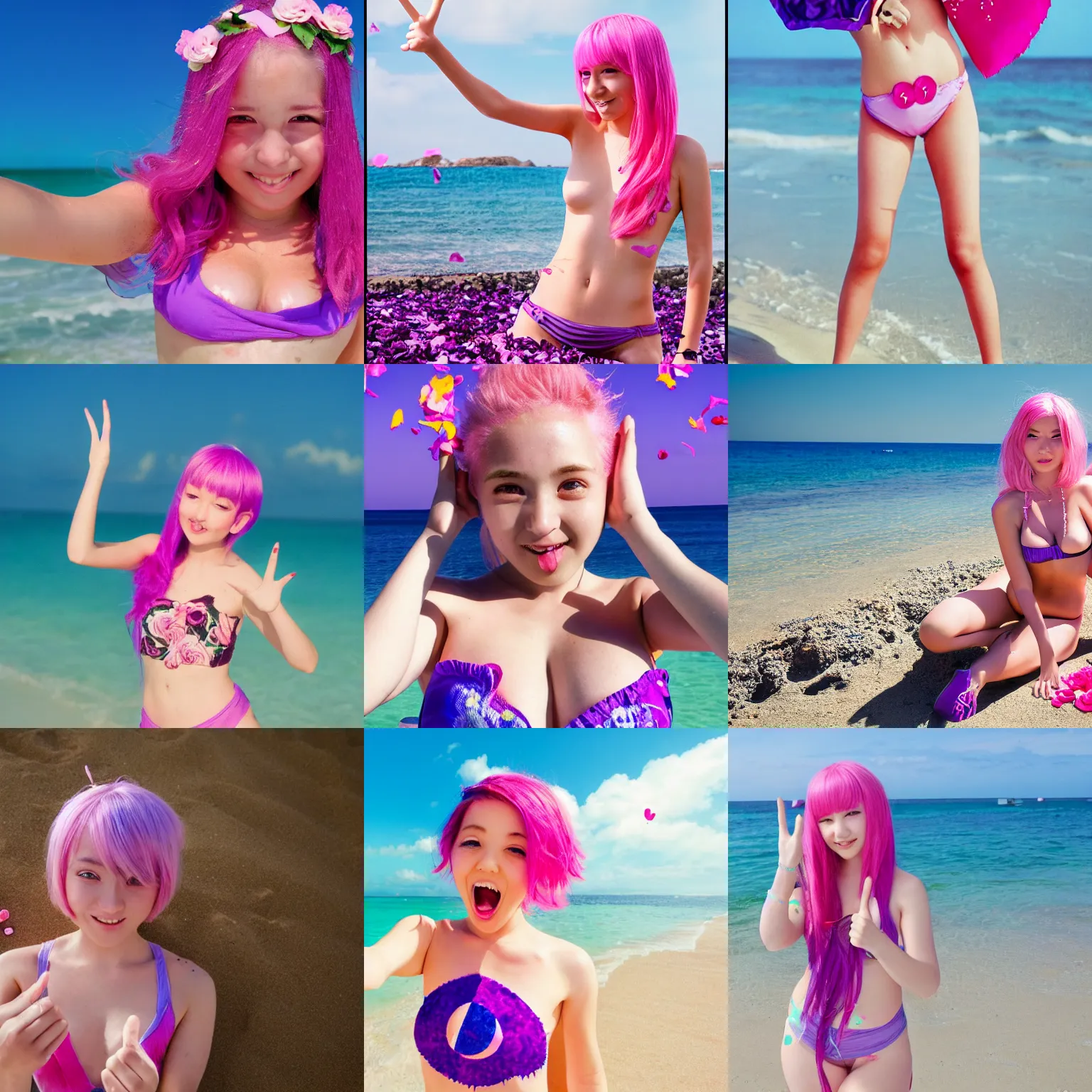 Prompt: canon film in high resolution of anime girl with pink hair on the beach with a 2 piece purple bathing suit with pink rose petals sewn into it. she is doing the peace sign with her tongue sticking out