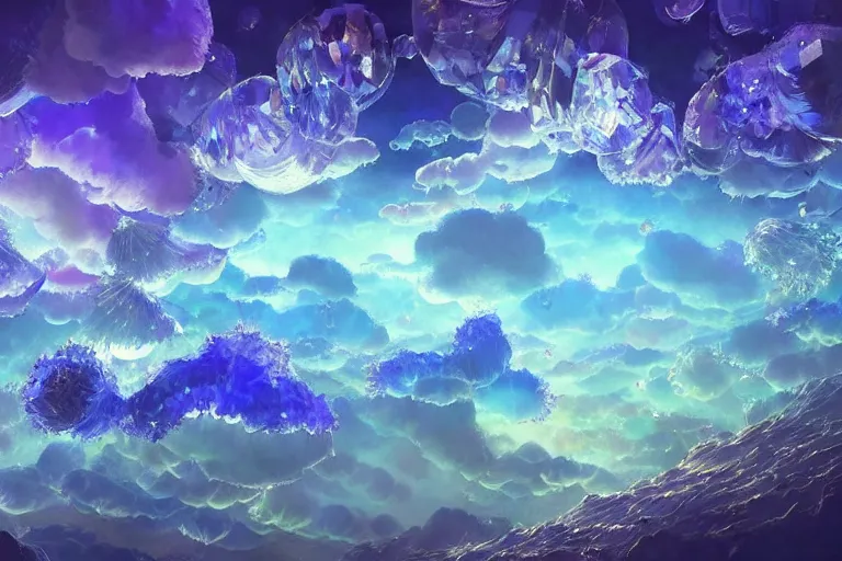 Prompt: simplicity, a huge flock of many ornate translucent puffy filigreed clouds tangled into large whirling ultra detailed crystal specimens, mission arts environment, playful, award winning art, epic dreamlike fantasy landscape, ultra realistic,