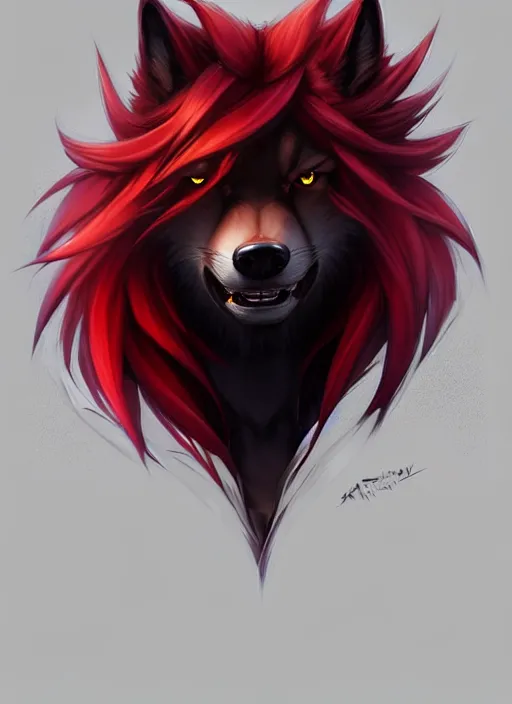 Image similar to character concept art of a black anthropomorphic furry male wolf long red hair | | cute - fine - face, pretty face, key visual, realistic shaded perfect face, fine details by stanley artgerm lau, wlop, rossdraws, james jean, andrei riabovitchev, marc simonetti, and sakimichan, trending on artstation