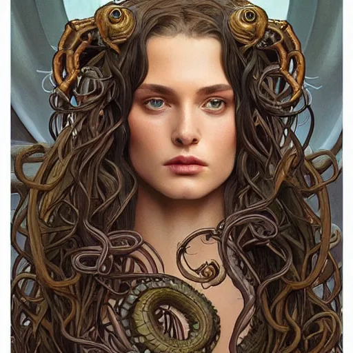 Image similar to “ daria strokous as medusa, frowning, scowl, snakes for hair, intricate, elegant, highly detailed, digital painting, artstation, concept art, smooth, sharp focus, illustration, art by artgerm and greg rutkowski and alphonse mucha ”