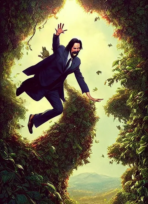 Image similar to highly detailed comedy caper movie poster with silly wacky zany keanu reeves as a sentient pile of leaves, keanu reeves green face as tree sentient leafy bush, falling through a leafy mind chasm by greg rutkowski, masterpiece, really funny, 1 0 / 1 0 comedy