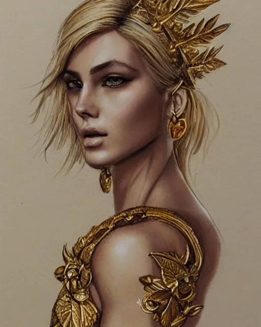 Image similar to tattoo design sketch of hot blonde super model as aphrodite greek goddess wearing a gold laurel wreath and triangle earrings, beautiful piercing gaze with sharp pupils, in the style of greg rutkowski, fantasy, amazing detail, epic, elegant, smooth, sharp focus, front view