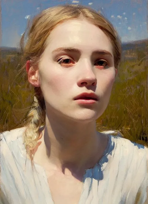 Image similar to portrait of girl dressed in white clothes , countryside, fantasy character portrait, dynamic pose, above view, view from above, sunny day, thunder clouds in the sky, artwork by Jeremy Lipkin and Giuseppe Dangelico Pino and Michael Garmash and rob rey, very coherent symmetrical artwork, perfect face, simple form, 100mm