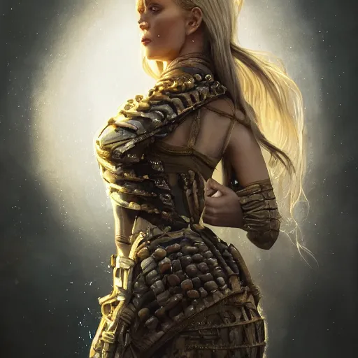 Prompt: epic cinematic shot of beautiful scandinavian princess with symmetrical face stunning eyes and long blonde surrounded by bullets and bulletholes, weta disney pixar, hi - fructose, decadent highly - detailed digital painting, golden ratio, octane render, artstation, cinematic composition, smooth, sharp focus, artgerm, mucha, loish, wlop hdr