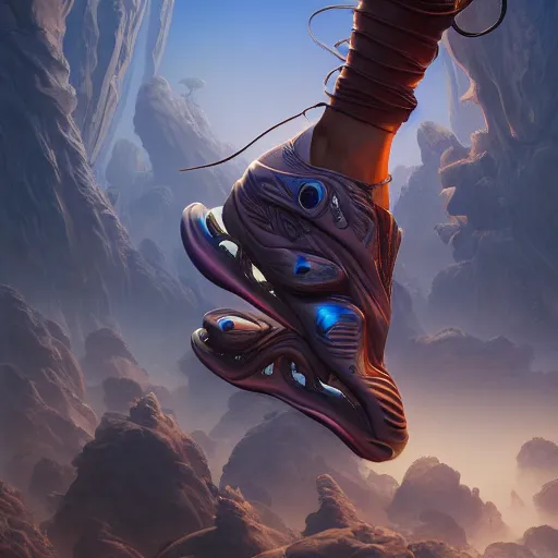 Image similar to futuristic balenciaga sneakers by jesper ejsing, james jean, justin gerard, tomasz alen kopera, cgsociety and fenghua zhong, subsurface scattering, highly detailed, rim light, art, cinematic lighting, very coherent, hyper realism, high detail, 8 k