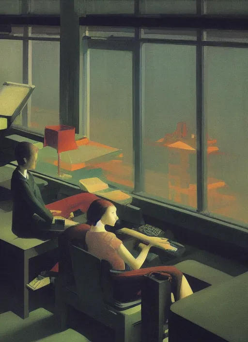 Prompt: woman and man sitting on a pile of computer keyboards, snowing night by Edward Hopper and James Gilleard, Zdzislaw Beksinski, Katsuhuro Otomo highly detailed