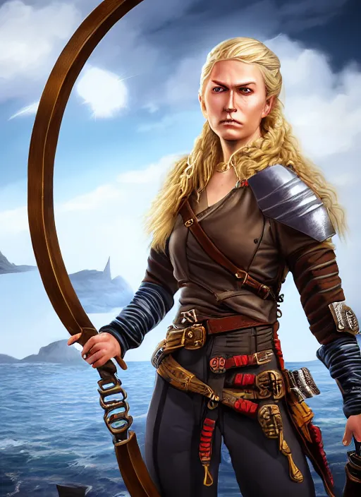 Image similar to An epic fantasy comic book style portrait painting of tall blonde haired female sky-pirate with a serious face and a pony tail in front of a metal gangplank in the style of the wheel of time, unreal 5, DAZ, hyperrealistic, octane render, cosplay, RPG portrait, dynamic lighting