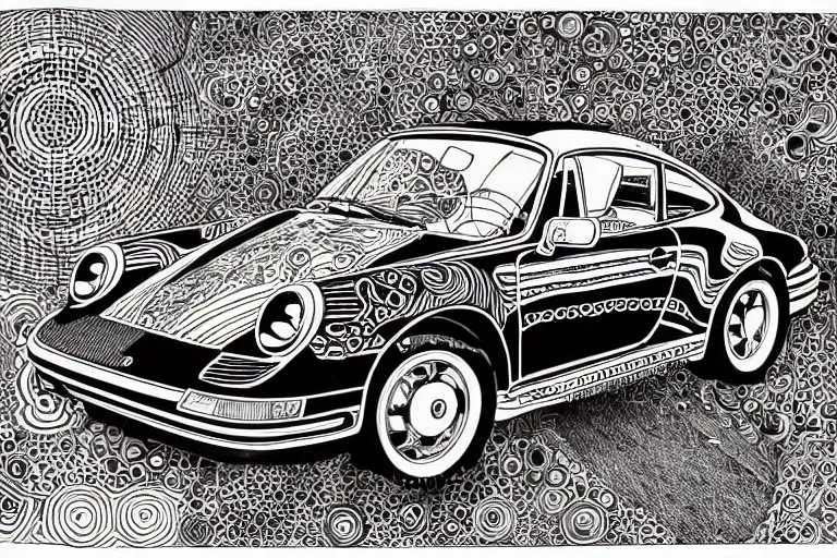 Prompt: a black and white drawing of a porsche 9 1 1 reimagined by singer, a detailed mixed media collage by hiroki tsukuda and eduardo paolozzi and moebius, intricate linework, sketchbook psychedelic doodle comic drawing, geometric, street art, polycount, deconstructivism, matte drawing, academic art, constructivism